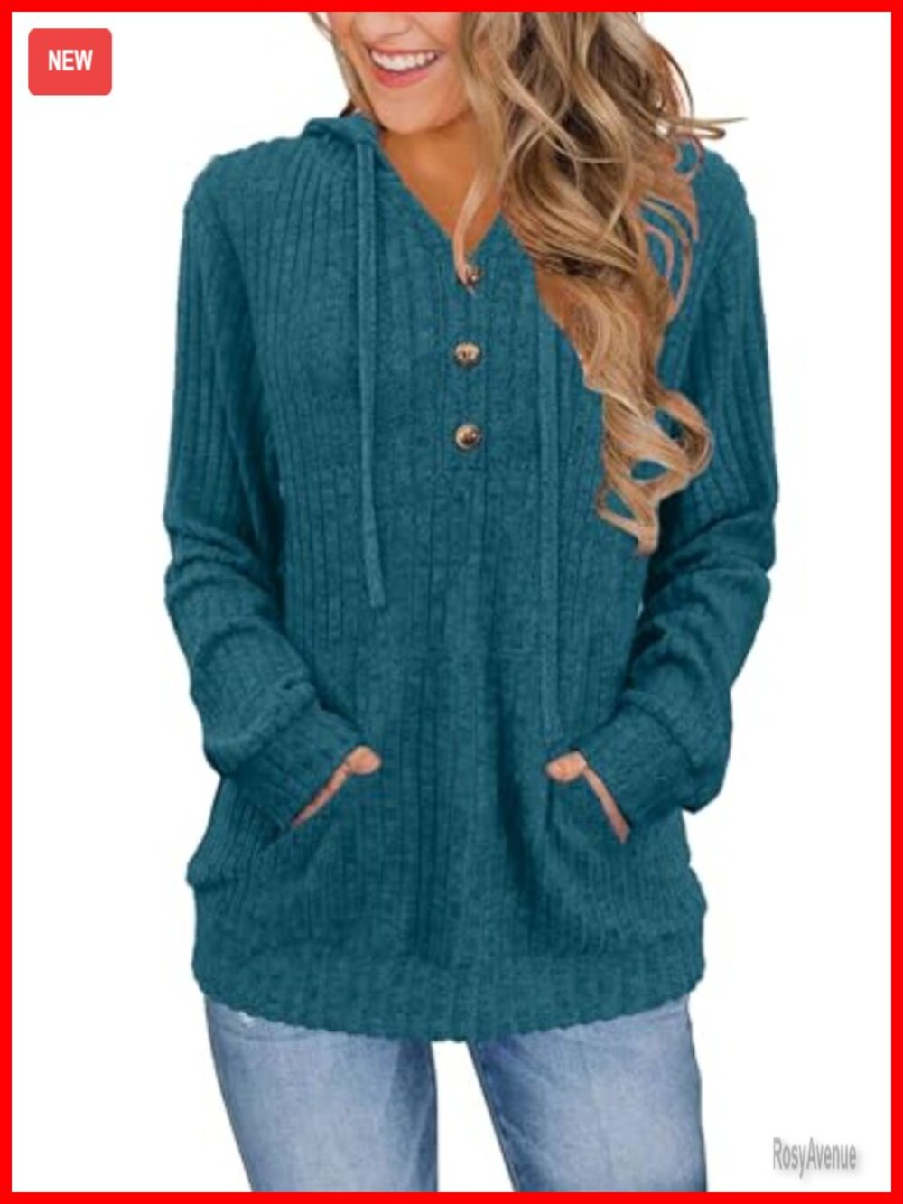 Women's Ribbed Knit Hooded Henley Pullover Sweater with Kangaroo Pocket